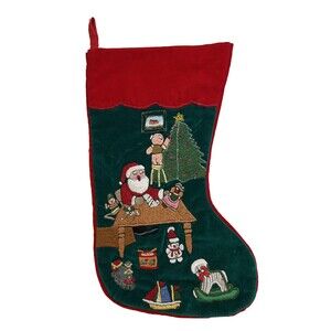 Vintage Christmas Stocking Crewel Embroidery Velvet Handmade
